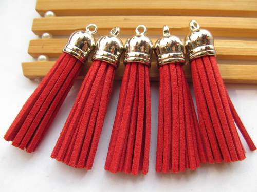 Free Shipping 100Pcs 59mm Red Suede Leather Jewelry Tassel For Key Chains/ Cellphone Charms Top Plated End Caps Cord Tip