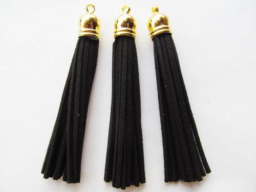Free Shipping 100Pcs 90mm Black Suede Leather Jewelry Tassel For Key Chains/ Cellphone Charms Top Plated End Caps Cord Tip