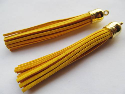 Free Shipping 100Pcs 90mm Ginger Yellow Suede Leather Jewelry Tassel For Key Chains/ Cellphone Charms Top Plated End Caps Cord