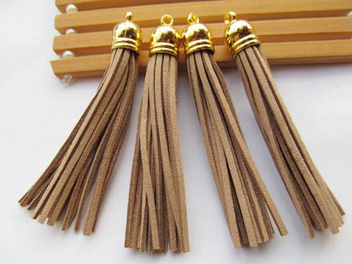 Free Shipping 100Pcs 90mm Light Brown Suede Leather Jewelry Tassel For Key Chains/ Cellphone Charms Top Plated End Caps Cord Tip