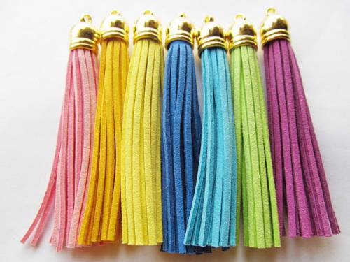 Free Shipping 50Pcs 90mm Mixed Suede Leather Jewelry Tassel For Key Chains/ Cellphone Charms Top Plated End Caps Cord Tip