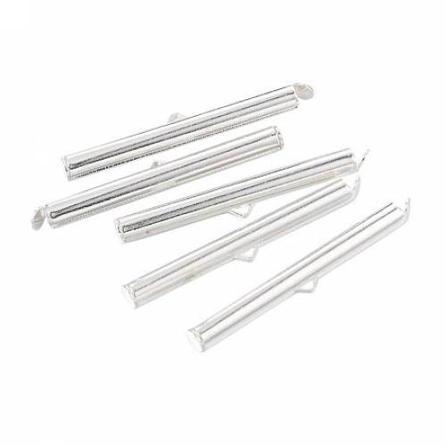 NBEADS 300 Pcs Brass Slide On End Clasp Tubes - Slider End Caps - Silver - 395x4mm - Hole: 1~2mm