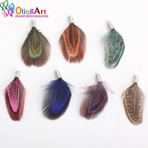 OlingArt 12pcs/lot 35MM Natural pattern multicolor feathers women necklace Earrings tassels DIY Jewelry Making Delicate Pendants