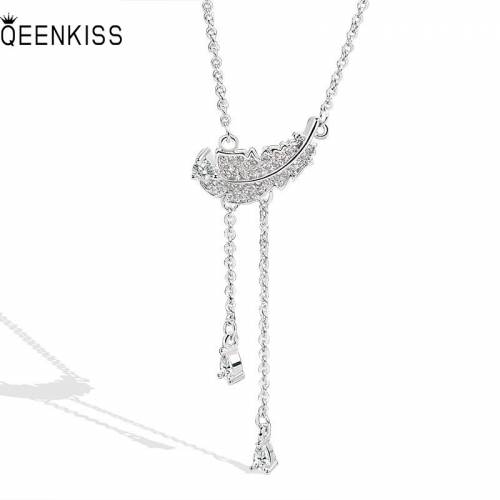 QUEENKISS NC637 Fine Jewelry Wholesale Fashion Lady Girl Birthday Wedding AAA Zircon Feather 18KT White Gold Pendant Necklace