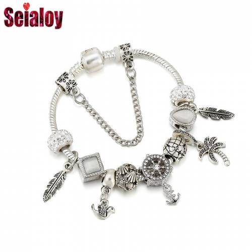 Seialoy Fashion Palm Tree Feather Bird Charm Bracelets For Women Men Original Anchor Water Drop Shell Beaded Bangle Jewelry Gift
