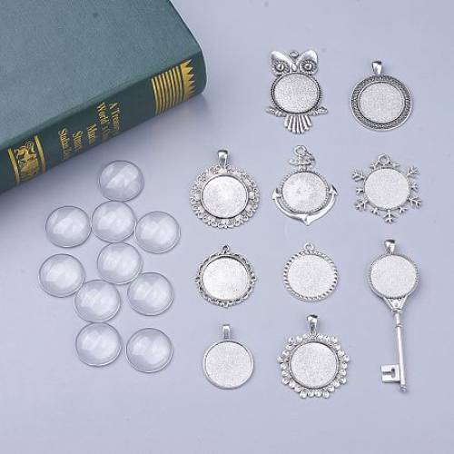 DIY Pendant Making - Tibetan Style Alloy Pendant Cabochon Settings and Half Round/Dome Transparent Clear Glass Cabochons - Antique Silver - 35x30x2mm...