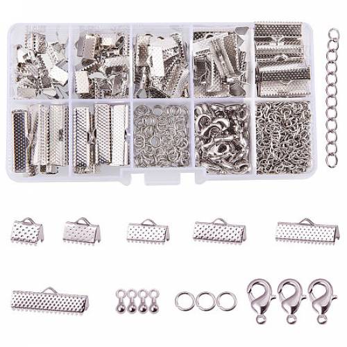 PandaHall Elite About 500 Pcs Jewelry Finding Kits with Ribbon Clamp End - Jump Ring - Lobster Claw Clasps - Extender Chain - Drop Ends for Jewelry...