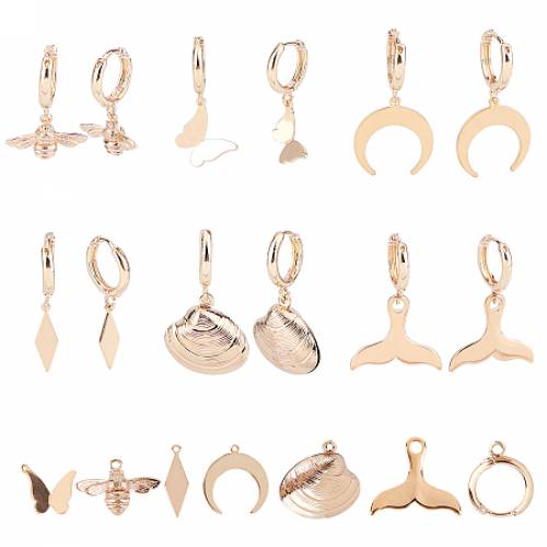 SUNNYCLUE DIY Earring Making - with Brass Huggie Hoop Earring Findings - Brass Pendants - Mixed Shapes - Real 18K Gold Plated - Pendant: 12pcs/box
