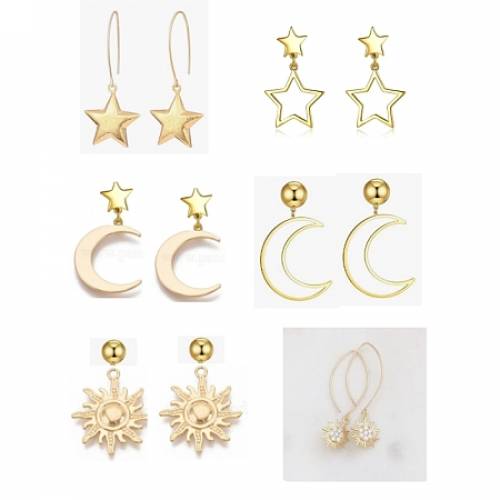 SUNNYCLUE DIY Star & Moon Theme Earring Making Kits - with Brass Pendants & Earring Findings & Ear Nuts - Mixed Shape - Real 18K Gold Plated -...