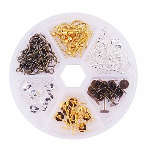 Pandahall 1 Box 120pcs Mixed 3 Colors Brass 19mm Earring Hooks and 10mm Ear Studs Sets for Jewelry Making Findings