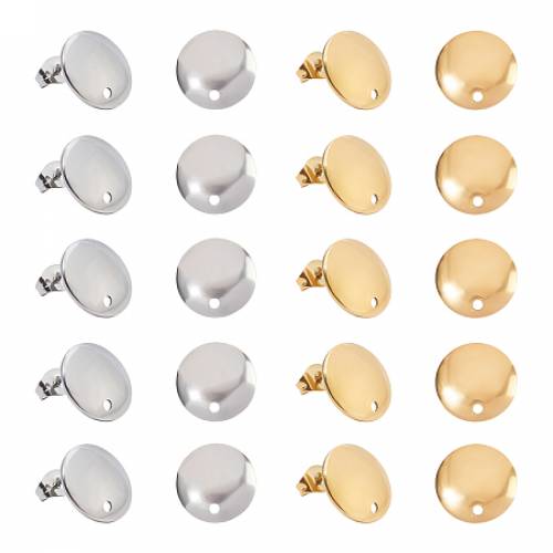 UNICRAFTALE 304 Stainless Steel Stud Earring Findings - with Loop - Flat Round - Mixed Color - 13x2mm - Hole: 15mm - Pin: 08mm; 2colors - 20pcs/color...