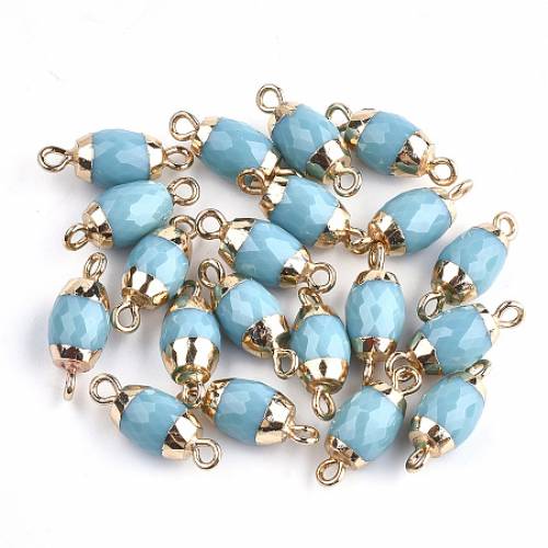 ARRICRAFT Electroplate Glass Links connectors - with Iron Findings - Faceted - Barrel - Golden - Sky Blue - 20~21x8mm - Hole: 2mm