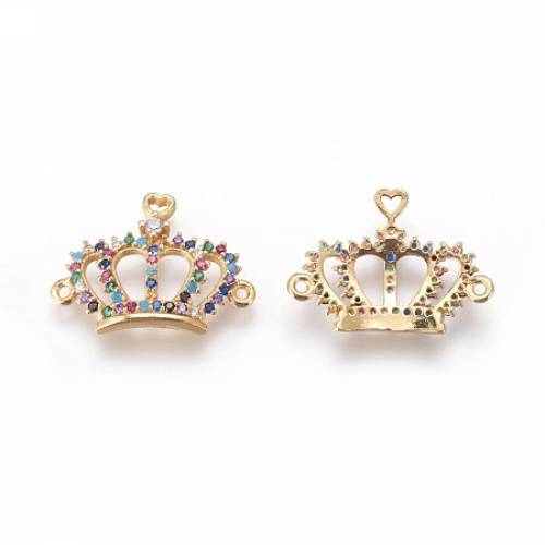 Brass Cubic Zirconia Links - Crown - Colorful - Golden - 17x23x3mm - Hole: 1mm
