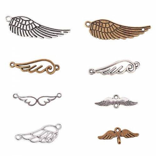 PandaHall Elite 40 pcs 8 Styles 3 Colors Tibetan Style Alloy Feather Angel Wings Charms Pendants Bird Wing Love Eagle Wing Metal Link for Bracelet...