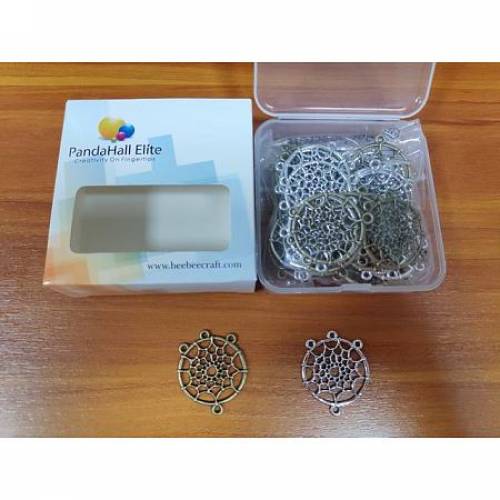 PANDAHALL ELITE Tibetan Style Alloy Chandelier Components Links - Flat Round - Antique Bronze & Antique Silver - 34x28x2mm - Hole: 2mm; 40pcs/box