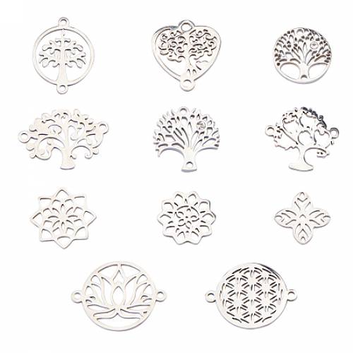 SUNNYCLUE Stainless Steel Links Connectors & Filigree Joiners Links - Flower & Tree of Life - Stainless Steel Color - 11pcs/box