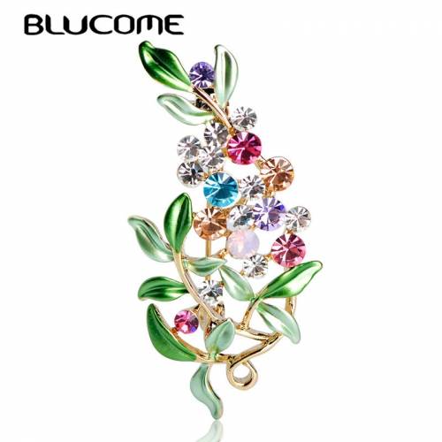 Blucome Flower Brooch For Women Enamel Brooches Jewelry Hijab Pins Austrian Crystal Decorative Garment Dress Accessories Pin