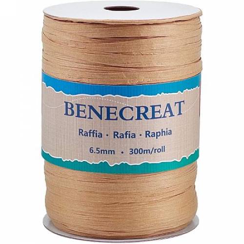 BENECREAT 300m/328 Yards 65mm Wide Raffia Ribbon Raffia Paper Craft Ribbon Packing Twine for Festival Christmas Gifts DIY Decoration and Weaving - Tan