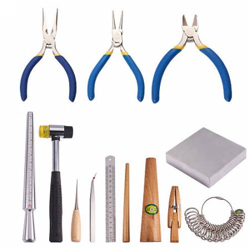 PandaHall Elite 13 Sets Jewelry Tool with Metal Mandrel Finger Sizing Measuring Stick - Ring Sizer Gauge - Jewelry Pliers - Jewelers Hammer - Wooden...
