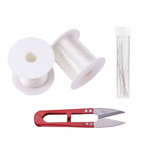 PandaHall Elite 2 Roll (100m/Roll) 08mm White Polyester Crystal Thread String Cord with Thread Cutter Scissors - Beading Needle and Plastic Bead...