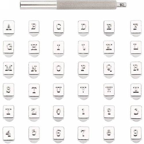 PandaHall Elite 36 pcs 3mm Stainless Steel Leathercraft Metal A to Z Letter 0-9 Number Stamps Punch Set Tool with 1 pc Handle for Leather Craft Belt...