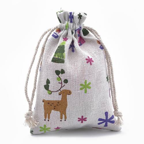 Arricraft Polycotton(Polyester Cotton) Packing Pouches Drawstring Bags - with Printed Christmas Theme - OldLace - 14x10cm