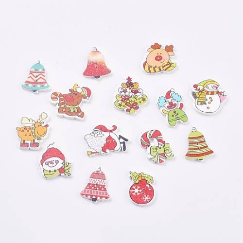 Arricraft Printed Wooden Buttons - 2-Hole - Mixed Shapes - Dyed - Christmas Style - Mixed Color - 24~275x17~24x2~25mm - Hole: 2mm