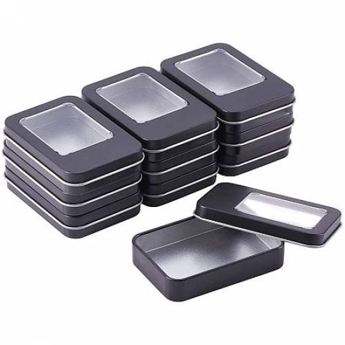 BENECREAT 10 Pack 35x25 Rectangle Metal Tin Cans Black Tin-Plated Box with Small Clear Window for Gifts Party Favors and Other Accessories