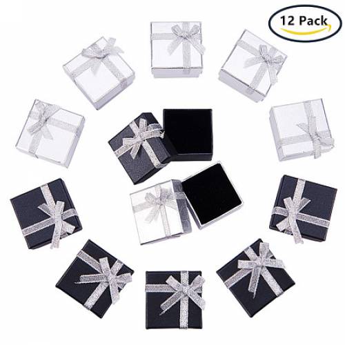 BENECREAT 12 Pack Ring Gift Box with Foam and Velvet Insert Small Hard Gift Box for Ring Earring Jewelry - Silver & Black - 2 x 2 x 12 Inches