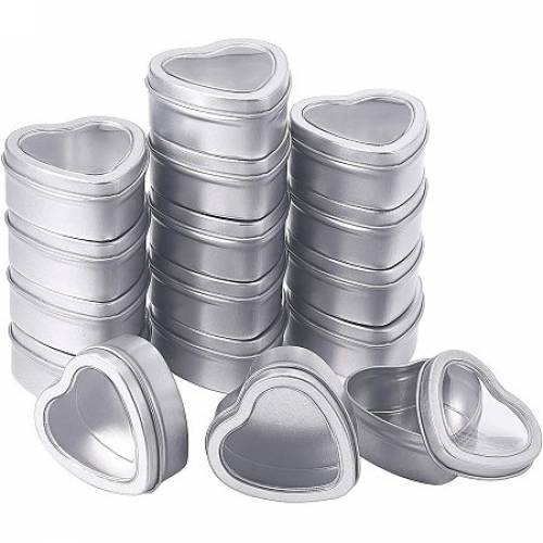 BENECREAT 16 Pack 24x1 Platinum Metal Tin Cans Heart Shape Tin-Plated Box with Clear Window for Gifts Party Favors and Other Accessories