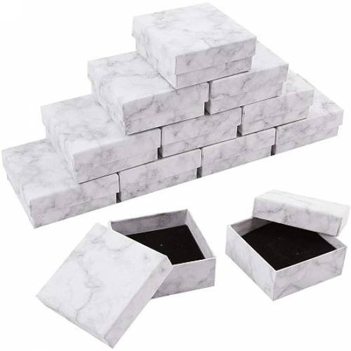 BENECREAT 16 Pack Marble White Square Cardboard Jewelry Gift Boxes 33x33x15 Inch Ring Earring Necklace Jewelry Box with Sponge Insert for...