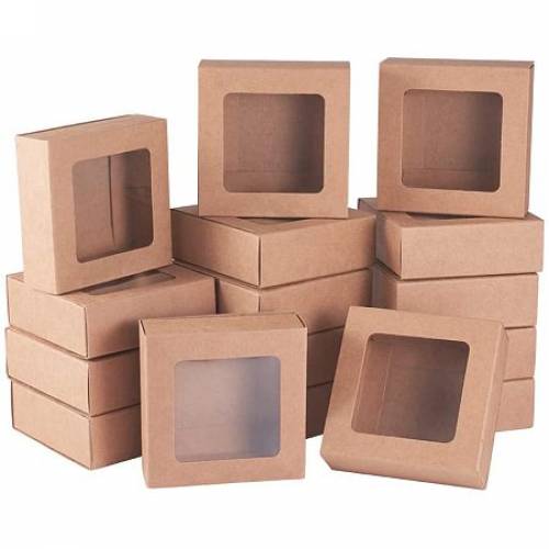 BENECREAT 20 Packs Square Kraft Paper Drawer Boxes with Window 3x3x12 Paper Gift Boxes for Bakery Party Favor Treats Storage