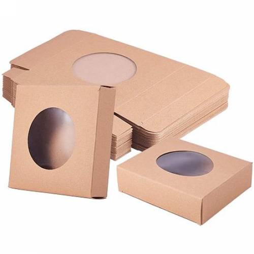 BENECREAT 24 Packs Brown Kraft Square Paper Boxes Gift Wrapping Box with Round Clear Window 4x4x09 for Homemade Soap - Party Favor Treats and Jewelry...