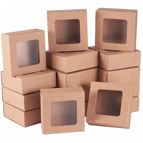 BENECREAT 24 Packs Square Kraft Paper Drawer Boxes with Window 25x25x12 Paper Gift Boxes for Bakery Party Favor Treats Storage