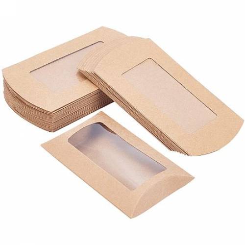 BENECREAT 30pcs 5x3x15 Inches Brown Kraft Paper Pillow Boxes with Clear Window - Candy Packaging Box Treat Box for Birthday Wedding Party