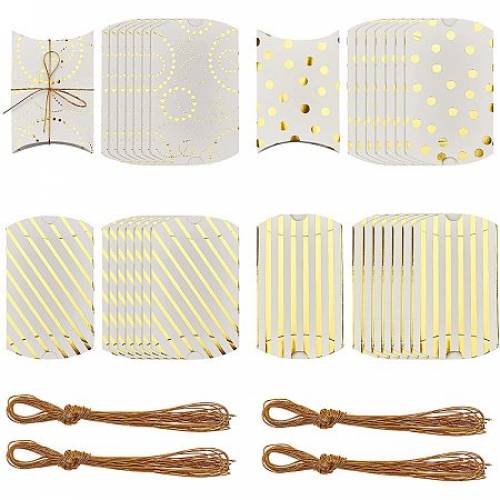 BENECREAT 32 Packs 59x39x12 Inch Dot Stripe Pattern Kraft Paper Pillow Box with 1 Yard Gold Metallic Cord for Wedding Baby Shower Birthday Party...