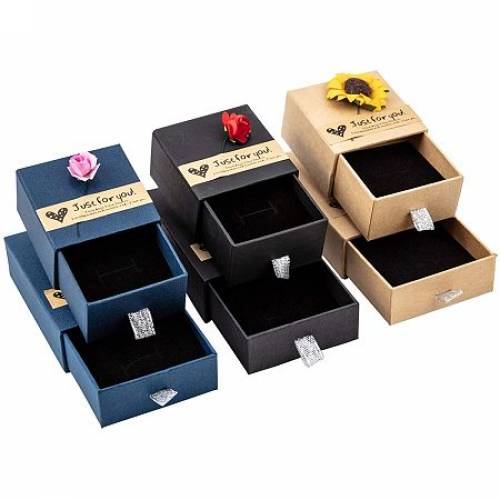 BENECREAT 6 Packs 3 Colors Kraft Cardboard Paper Box Drawer Box (Brown - Blue - Black) with Paper Flower and Stickers for Jewelry Gift Packing and...