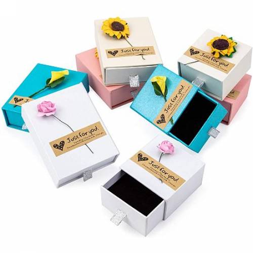 BENECREAT 8 Packs 4 Colors Kraft Cardboard Paper Box Drawer Box with Paper Flower and Stickers for Jewelry Gift Packing and Wrapping (White - Pink -...