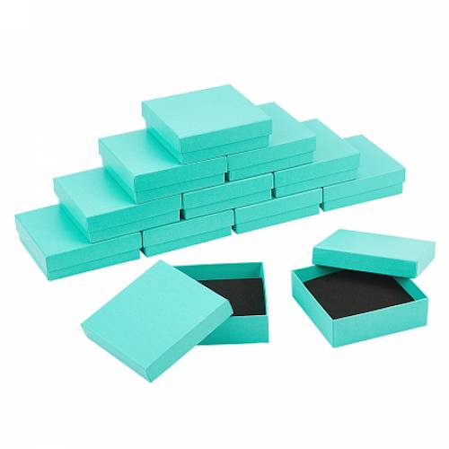 BENECREAT Cardboard Gift Box Jewelry Set Boxes - for Necklace - Earrings - with Black Sponge Inside - Square - Medium Turquoise - 91x92x29cm