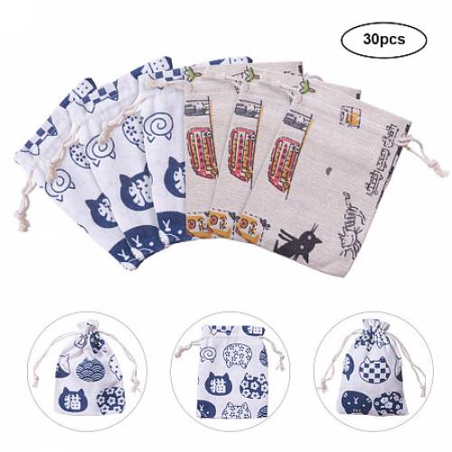 Cotton Packing Pouches Drawstring Bags - Cat and Car - Old Lace - 14x10cm - 30pcs/set