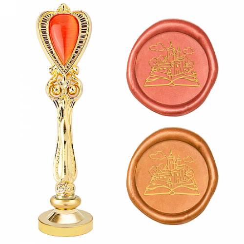 CRASPIRE Brass Wax Seal Stamp - with Alloy Handles - with Cat Eye - for DIY Scrapbooking - Building Pattern - Stamp: 25x14mm - Handle: 885x245x14mm
