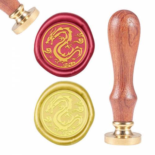 CRASPIRE Brass Wax Seal Stamp - with Natural Rosewood Handle - for DIY Scrapbooking - Dragon Pattern - Stamp: 25mm - Handle: 83x22mm; Head: 75mm