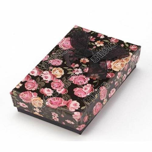 Flower Pattern Cardboard Jewelry Packaging Box - 2 Slot - For Ring Earrings - with Ribbon Bowknot and Black Sponge - Rectangle - Black - 8x5x26cm