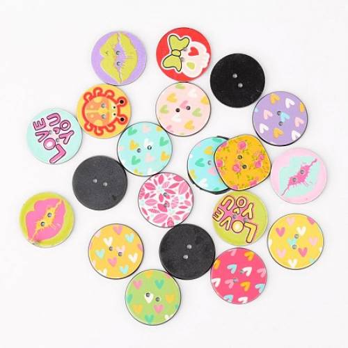 NBEADS 2-Hole Mixed Shape Printed Acrylic Buttons - Mixed Color - 24~25x24~25x2mm - Hole: 2mm