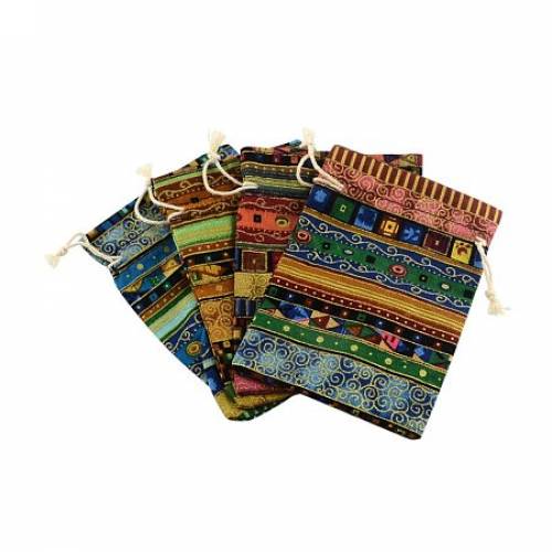 NBEADS 250 Pcs Ethnic Style Cloth Packing Pouches Drawstring Bags - Rectangle - Mixed Color - 14x10cm