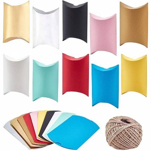 NBEADS 50 Pcs 10 Colors Kraft Paper Pillow Boxes - Pillow Gift Boxes with 1 Roll Hemp Cord for Candy Treat Gift Wrap Party Wedding Favor