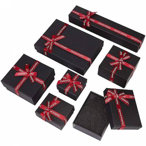 NBEADS 7 Pcs 7 Sizes Jewelry Box - Black Cardboard Gift Box with Red Ribbon Bowknot for DIY Necklace Bracelet Packing