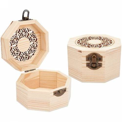 OLYCRAFT 2PCS Hollow Wood Storage Box Octagon Floral Wooden Box Natural Wood Box with Hinged Lid and Front Clasp for Crafting Making Jewelry Box -...
