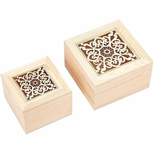 OLYCRAFT 2PCS Hollow Wood Storage Box Square Unfinished Wooden Box Natural Wood Box with Snap Top for Crafting Making Jewelry Box (4x4 Inch & 5 x 5...
