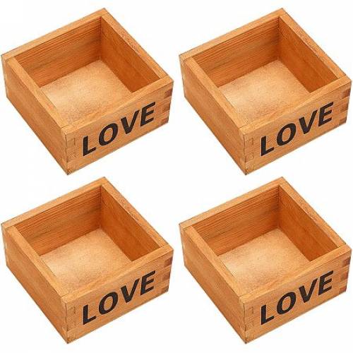 OLYCRAFT 4Pcs Wood Box Square Photo Box Memory Box with Word Love Natural Wooden Box Jewelry Box for Storage and Jewelry